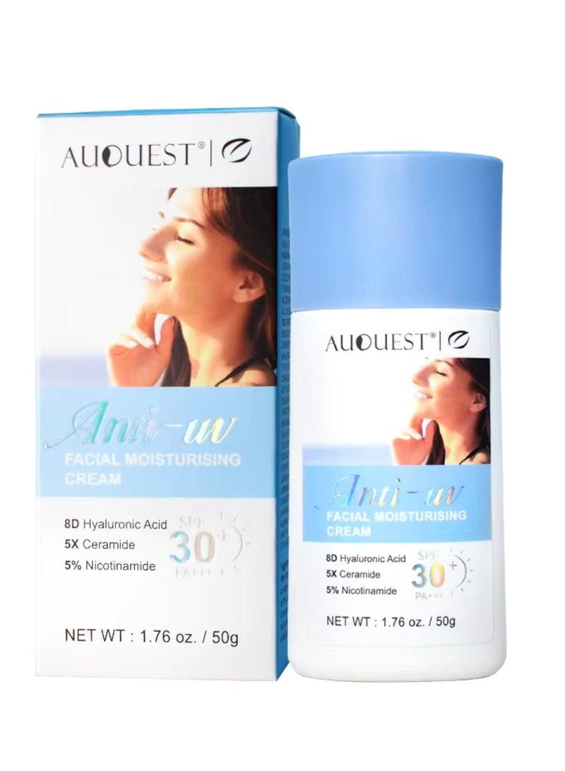 AuQuest 50g Anti UV Facial Moisturizing Sunscreen Cream SPF 30+ PA+++ Sunscreen Cream with Hyaluronic Acid for Moisturizing Nourishing Strengthening UVA UVB Protection Waterproof and Sweatproof Moisturizing Cream Facial cream - Image 1