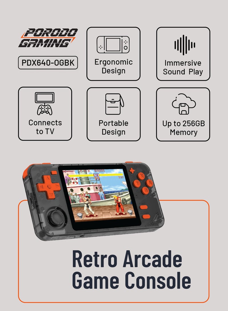 porodo Gaming Retro Arcade Gaming Console with 3.5" Display and 5000+ Built-In Games / Multiple Simulators / Quad-Core / Immersive Sound Play / Supports Emulators / Ergonomic Design - Black/Orange - Image 2