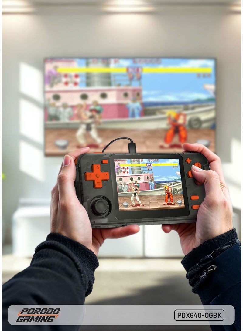 porodo Gaming Retro Arcade Gaming Console with 3.5" Display and 5000+ Built-In Games / Multiple Simulators / Quad-Core / Immersive Sound Play / Supports Emulators / Ergonomic Design - Black/Orange - Image 4