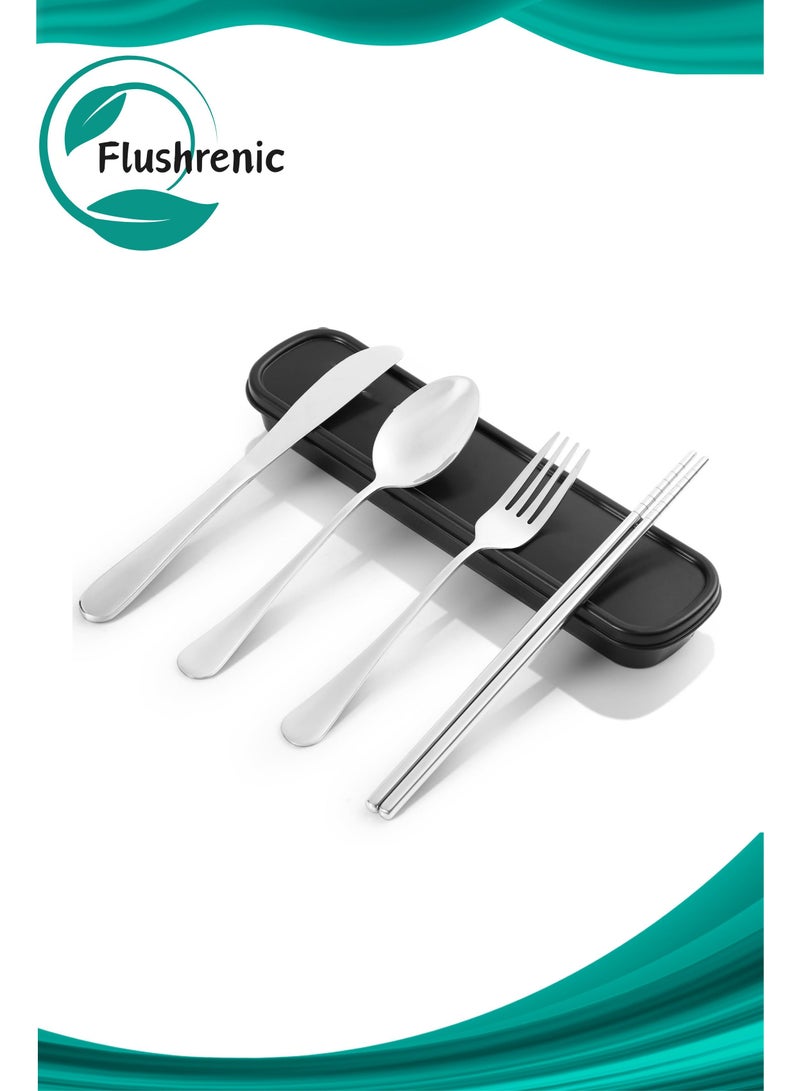 Flushrenic Stainless Steel Cutlery Set, 5-Piece Travel Set with Storage Case, Portable Cutlery Set, Reusable Stainless Steel Travel Cutlery Set, Suitable for Picnics, Camping and Outdoor Use (Silver) - Image 1