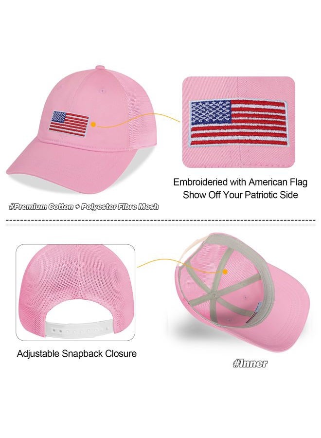 CHUANGLI Kids American Flag Baseball Cap Boys Girls Mesh Baseball Hat, Toddler Embroidery Trucker Hat for Age 3-14 Years, Pink, 8-14 Years - Image 5