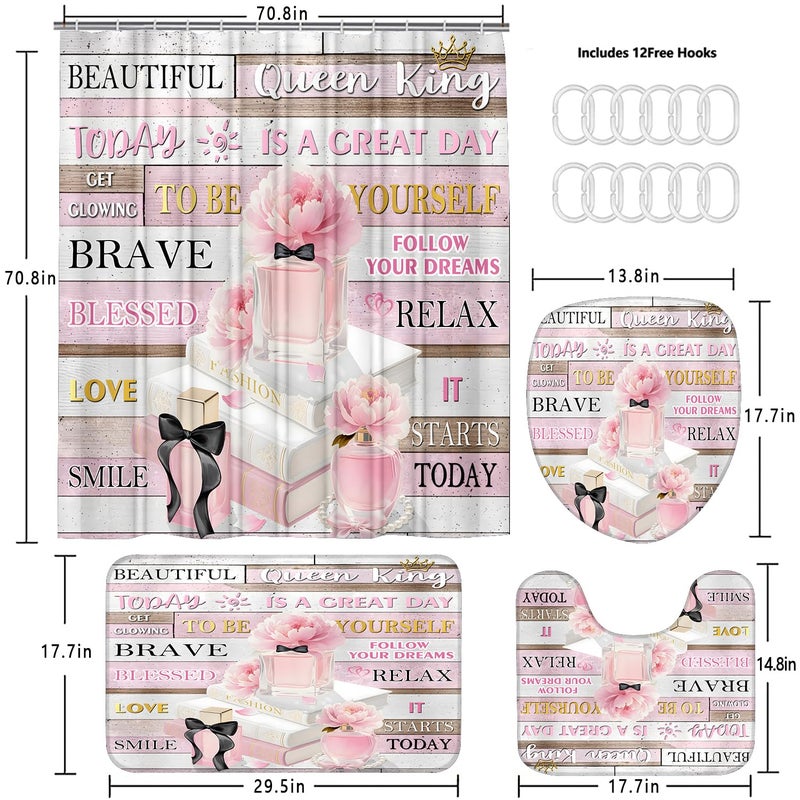 AZHM 4Pcs Shower Curtain Set Pink Fashion Floral Bathroom Decor Inspirational Quotes Bathroom Shower Curtain with Rugs and Accessories Girly Perfume Bathroom Set - Image 5