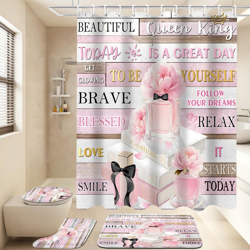 AZHM 4Pcs Shower Curtain Set Pink Fashion Floral Bathroom Decor Inspirational Quotes Bathroom Shower Curtain with Rugs and Accessories Girly Perfume Bathroom Set - Image 2
