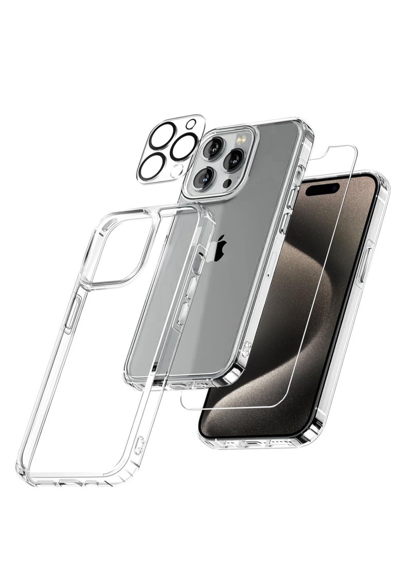 بكج حماية شفاف رفيع لايفون 15 بروماكس رفيع (iPhone 15 Pro Max) مع عبوة واحدة من واقيات الشاشة من الزجاج المقوى وقطعة واحدة من واقي عدسة الكاميرا، غطاء جوال لـ 15 بروماكس (6.7 إنش) 2023 (3in1) - Image 1