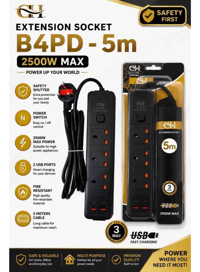 مشترك كهربائي CH B4PD بثلاثة مقابس بريطانية مع منفذي USB للشحن السريع، مفتاح تشغيل، حماية أمان، مقاوم للحريق، قدرة 2500 واط، كابل 5 متر، أسود - Image 1