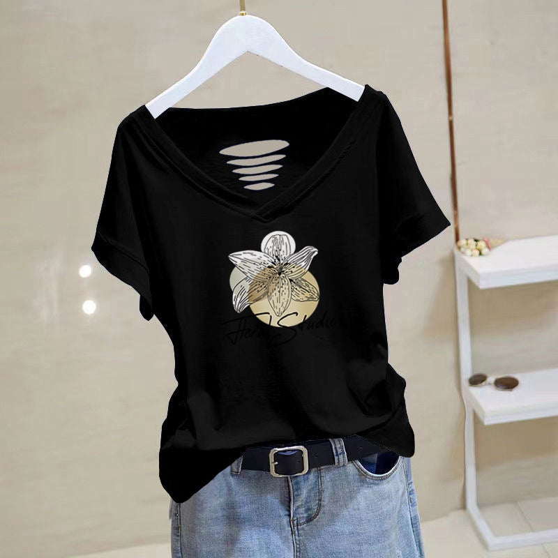 Pure Cotton V-Neck Short-Sleeved T-Shirt Women'S Summer Thin Korean Style Slim-Fit Printed Elegant Niche T-Shirt - Image 1