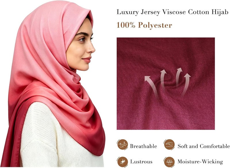 Weavelife 4 Pieces Muslim Hijab Set, Gradient Pink & Solid Black & Nude Rayon Long Scarves + Modal Stretch Undercap, 71"×33" Large Islamic Head Wrap for Daily Wear & Mosque Prayer - Image 4