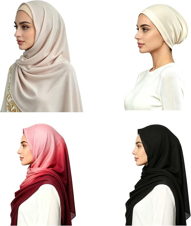 Weavelife 4 Pieces Muslim Hijab Set, Gradient Pink & Solid Black & Nude Rayon Long Scarves + Modal Stretch Undercap, 71"×33" Large Islamic Head Wrap for Daily Wear & Mosque Prayer - Image 2