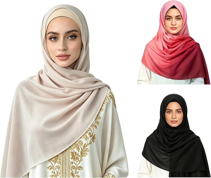 Weavelife 4 Pieces Muslim Hijab Set, Gradient Pink & Solid Black & Nude Rayon Long Scarves + Modal Stretch Undercap, 71"×33" Large Islamic Head Wrap for Daily Wear & Mosque Prayer - Image 1