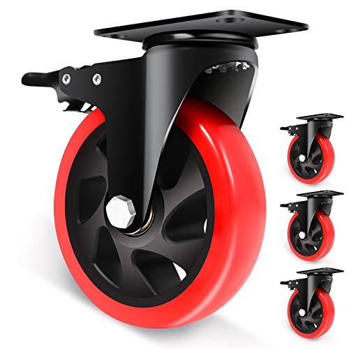 Nefish Swivel Caster Wheel for Cart, 5 Inch Industrial Casters Set of 4 - Heavy Duty Top Plate Casters with Brake 2200 Lbs, 360 Degree Polyurethane Wheels for Cart, Trolleys, Furniture, Equipment - Image 1