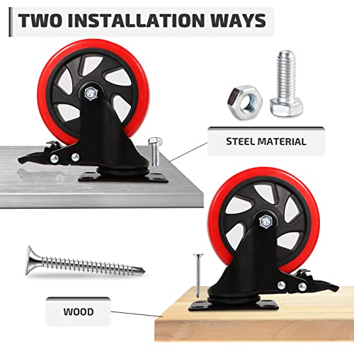 Nefish Swivel Caster Wheel for Cart, 5 Inch Industrial Casters Set of 4 - Heavy Duty Top Plate Casters with Brake 2200 Lbs, 360 Degree Polyurethane Wheels for Cart, Trolleys, Furniture, Equipment - Image 5