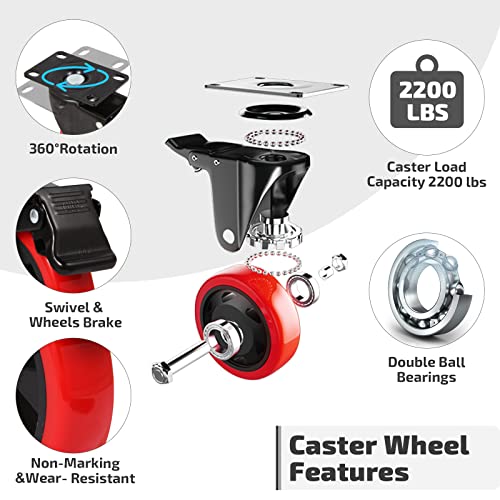 Nefish Swivel Caster Wheel for Cart, 5 Inch Industrial Casters Set of 4 - Heavy Duty Top Plate Casters with Brake 2200 Lbs, 360 Degree Polyurethane Wheels for Cart, Trolleys, Furniture, Equipment - Image 4