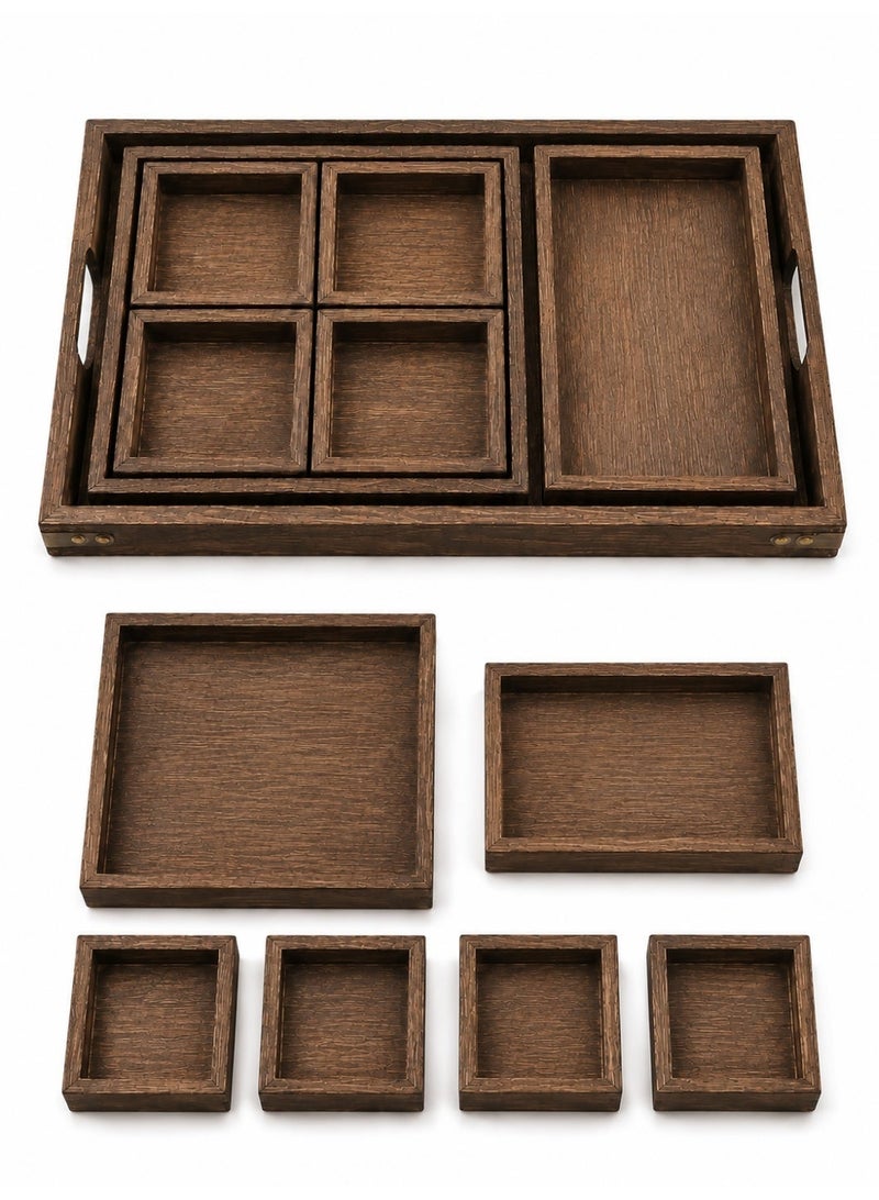 ELLEGLAM Rustic Wooden Serving Trays with Handle - Set of 7 Rectangular Platters for Entertaining, Breakfast, Coffee Table, Home Decor - Image 1