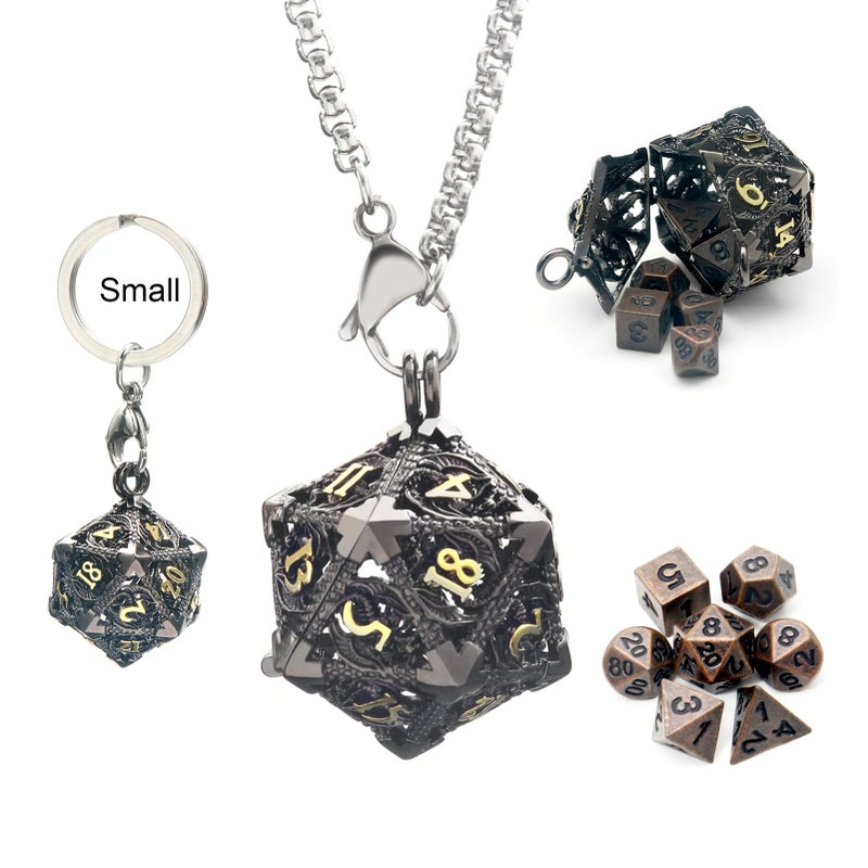 Haxtec Mini Metal DND Dice Set with Hollow Necklace Dice Case Antique Tiny Metal Dice Set DD Keychain Portable 7PCS Dice Set - Image 3
