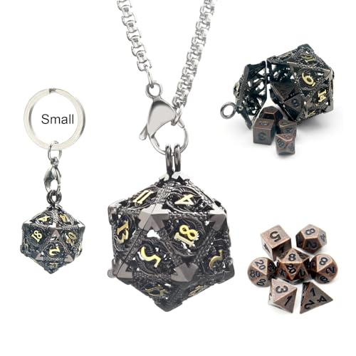 Haxtec Mini Metal DND Dice Set with Hollow Necklace Dice Case Antique Tiny Metal Dice Set DD Keychain Portable 7PCS Dice Set - Image 1