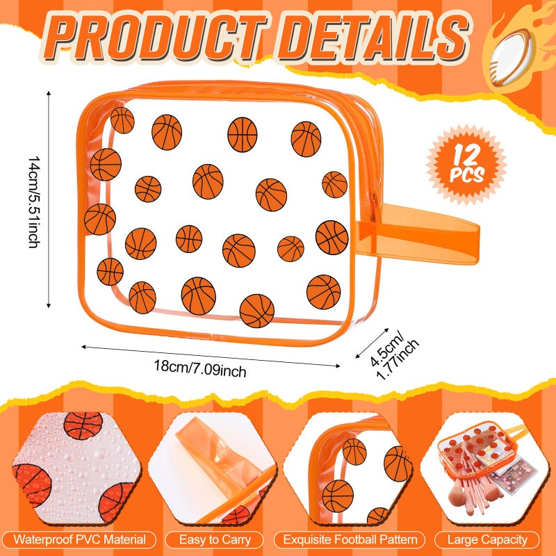 SilTriangle 12 Pcs Basketball Clear Makeup Bag with Zipper Bulk Sport Goodie Clear PVC Pouch Organizer Waterproof Travel Case for Woman Team Gifts Birthday Decorations Supplies - Image 2