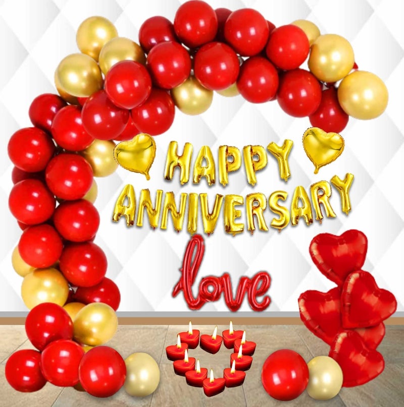 HK balloons Rubber 72Pcs Anniversary Decoration Item For Happy Anniversary Banner Balloon Arch Decoration Set With Red Heart Shape Candle, Red Gold Balloon For Wedding Anniversary Decorations Kit - Image 1