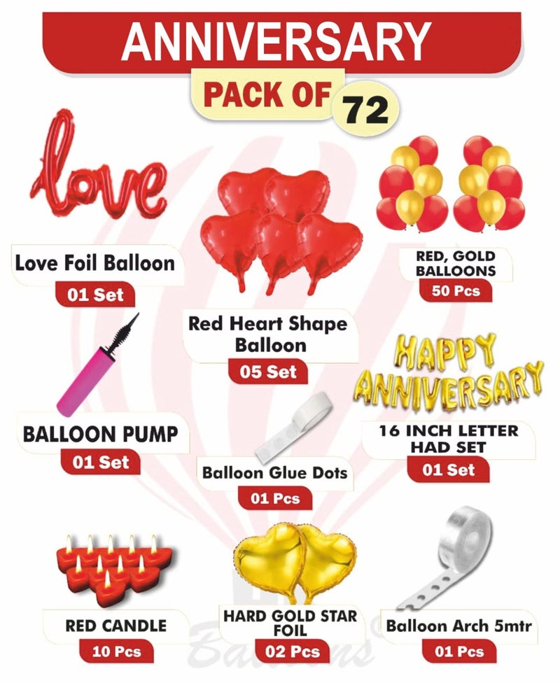 HK balloons Rubber 72Pcs Anniversary Decoration Item For Happy Anniversary Banner Balloon Arch Decoration Set With Red Heart Shape Candle, Red Gold Balloon For Wedding Anniversary Decorations Kit - Image 2