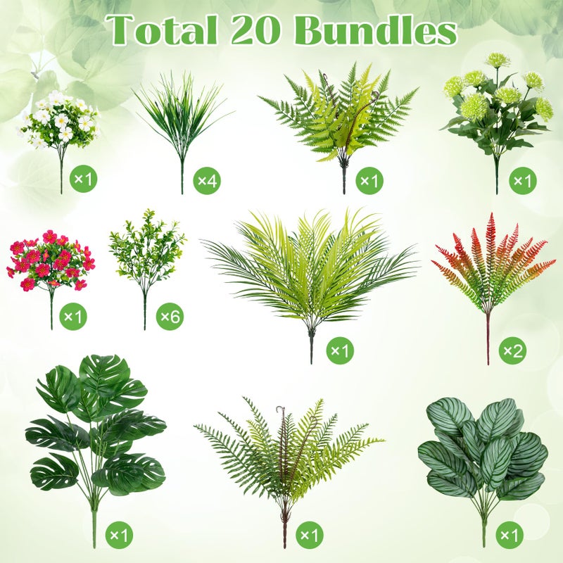 Besteek 20 Pcs Artificial Plants Outdoor Fake UV Resistant Artificial Flowers Greenery Stems Boston Fern Faux Shrubs Plastic Plants for Garden Porch Planter Window Box Home Decor - Image 2