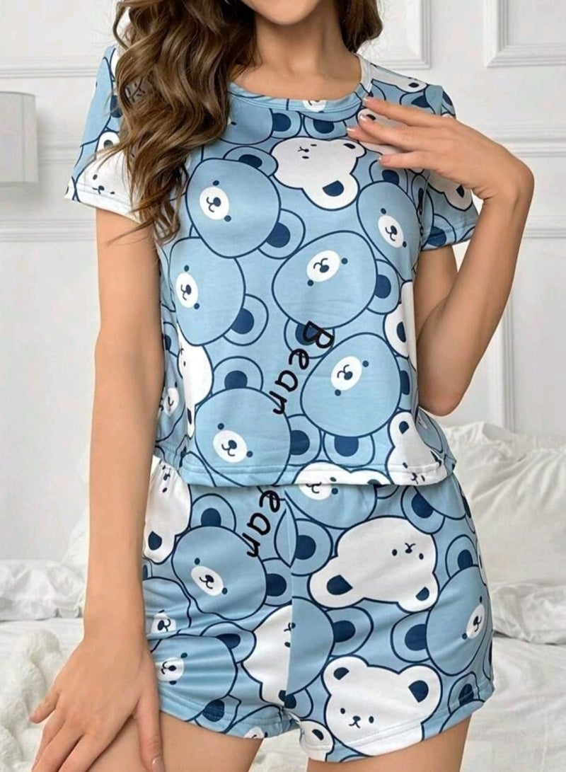 Shein Bear Print Short Sleeve T-Shirt And Shorts Pajama Set SHEIN - Image 1
