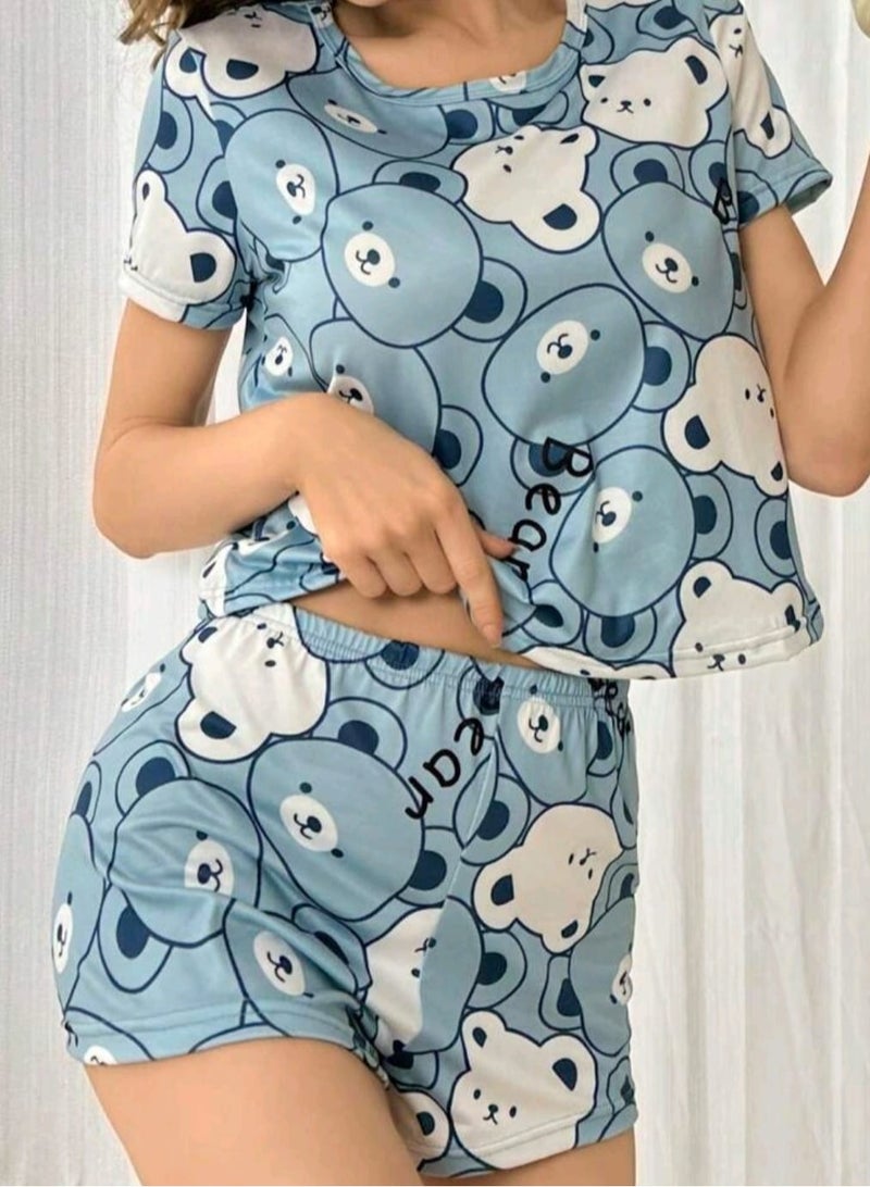 Shein Bear Print Short Sleeve T-Shirt And Shorts Pajama Set SHEIN - Image 2
