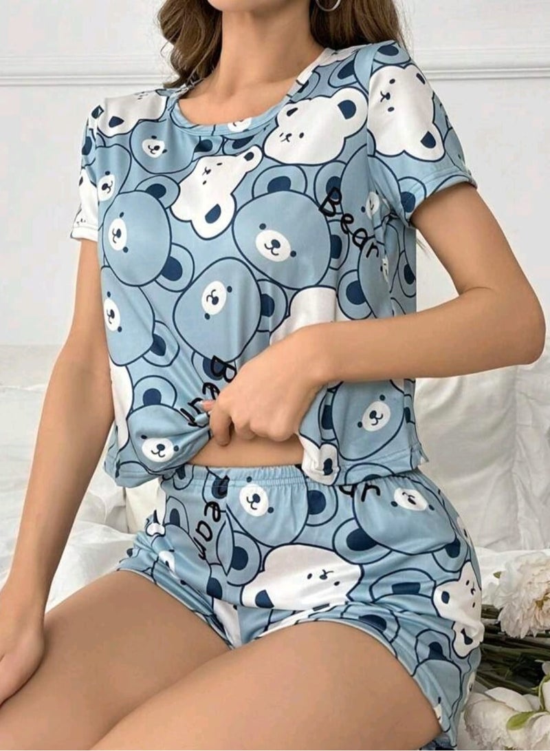 Shein Bear Print Short Sleeve T-Shirt And Shorts Pajama Set SHEIN - Image 3