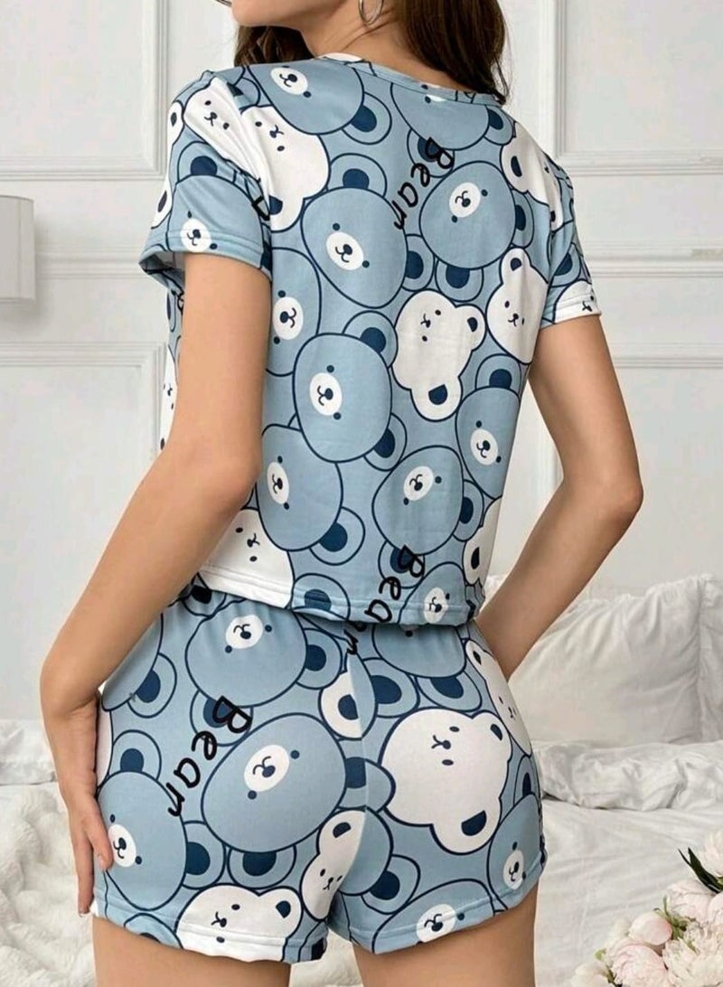Shein Bear Print Short Sleeve T-Shirt And Shorts Pajama Set SHEIN - Image 5