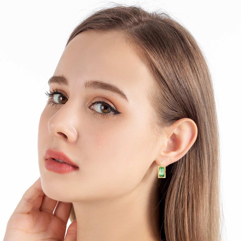 EVEVIC Austrian Crystal Rectangular Leverback Drop Earrings for Women 14K Rose Gold Plated Hypoallergenic Jewelry (Fern Green) - Image 2