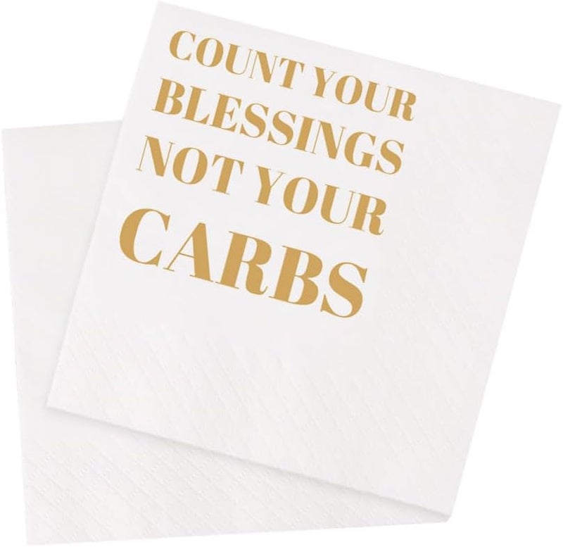 VOWFOO Funny Cocktail Napkins 100Pcs Funny Quotes Saying Disposable Paper Party Napkins 4.5 x 4.5 Two-ply (Count Your Blessings Not Your Carbs Napkins) - Image 1