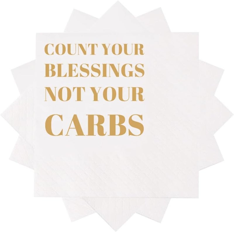 VOWFOO Funny Cocktail Napkins 100Pcs Funny Quotes Saying Disposable Paper Party Napkins 4.5 x 4.5 Two-ply (Count Your Blessings Not Your Carbs Napkins) - Image 2