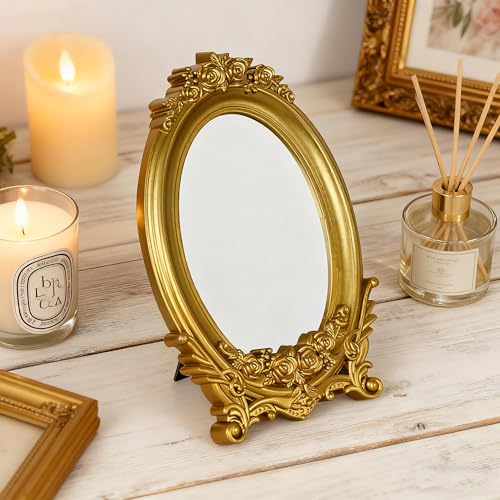 Wartter Vintage Oval Makeup Mirror, Adorned with an Ornate Gold Floral Frame, Decorative Dressing Mirror(9.8x6.5inch) (Gold) - Image 4