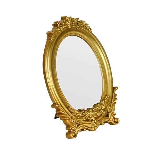 Wartter Vintage Oval Makeup Mirror, Adorned with an Ornate Gold Floral Frame, Decorative Dressing Mirror(9.8x6.5inch) (Gold) - Image 1