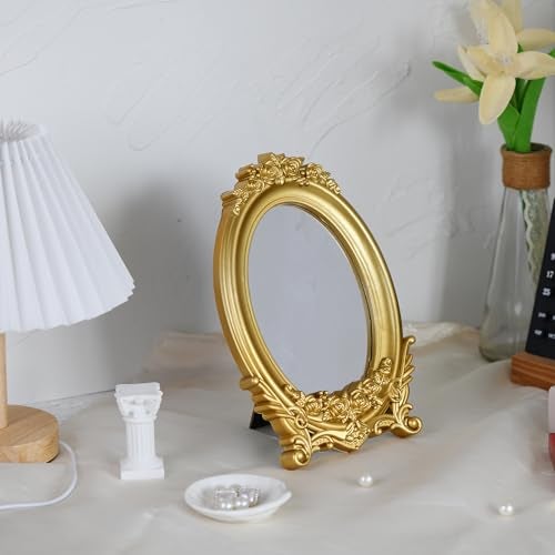 Wartter Vintage Oval Makeup Mirror, Adorned with an Ornate Gold Floral Frame, Decorative Dressing Mirror(9.8x6.5inch) (Gold) - Image 3