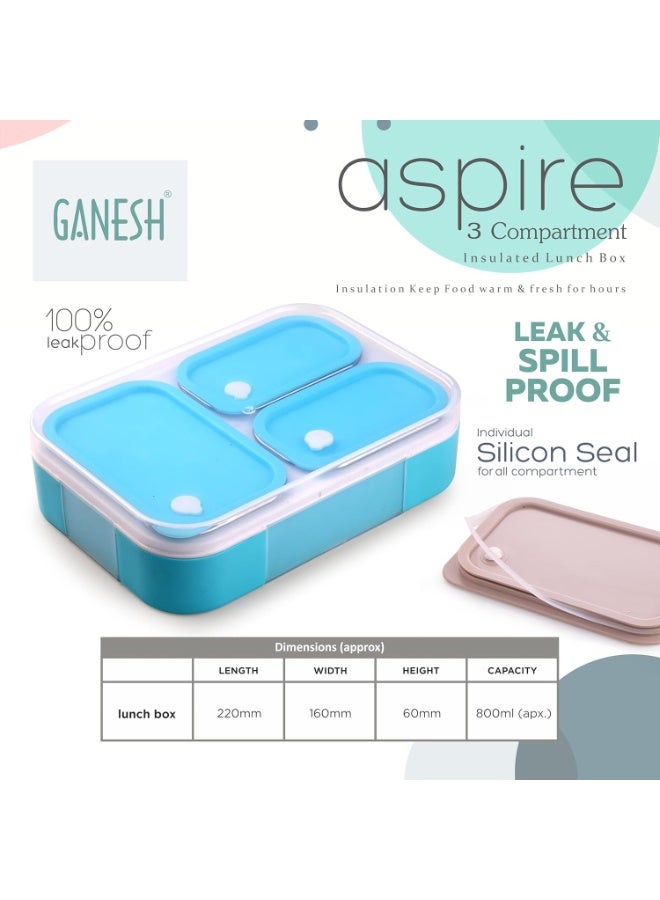 GANESH Aspire 3 Compartment Stainless Steel Lunch Box Sealed Leakage Proof Lunch Box for Office School etc 800ml-Brown - Image 2
