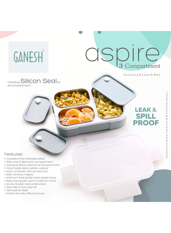 GANESH Aspire 3 Compartment Stainless Steel Lunch Box Sealed Leakage Proof Lunch Box for Office School etc 800ml-Brown - Image 4