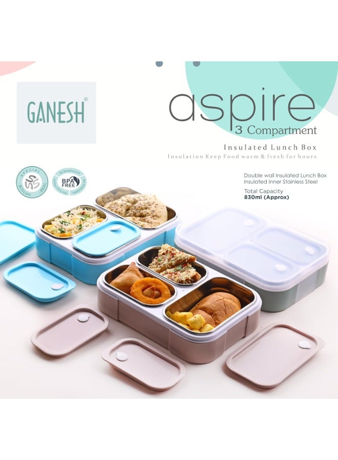 GANESH Aspire 3 Compartment Stainless Steel Lunch Box Sealed Leakage Proof Lunch Box for Office School etc 800ml-Brown - Image 3