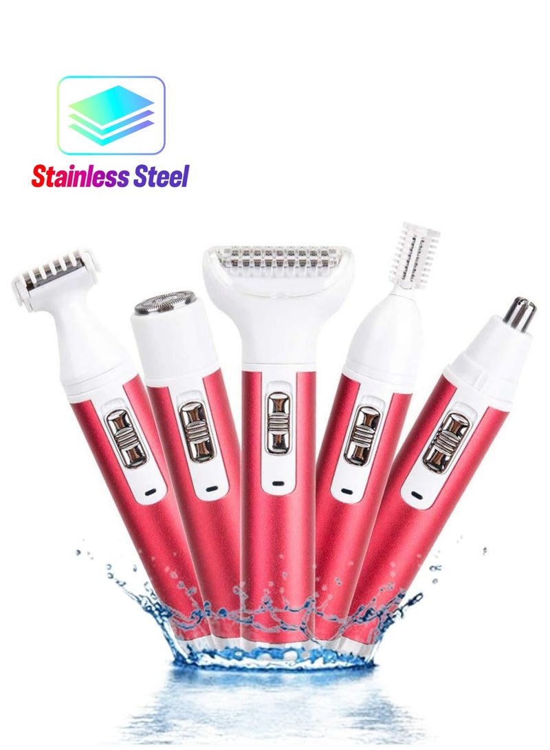 5 في 1 جهاز إزالة الشعر الكهربائي وآلة إزالة الشعر غير المؤلمة للنساء، إزالة شعر الوجه للنساء، ماكينة حلاقة الجسم متعددة الوظائف قابلة لإعادة الشحن، مقاومة للماء للاستخدام الرطب والجاف، رؤوس شفرات قابلة للاستبدال - Image 1