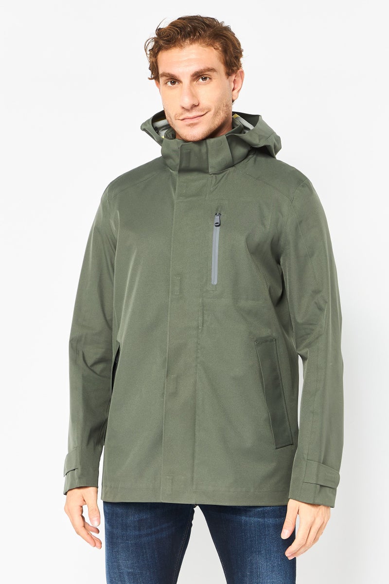 GEOX Men Solid Hooded Windbreaker Jacket, Olive - Image 1