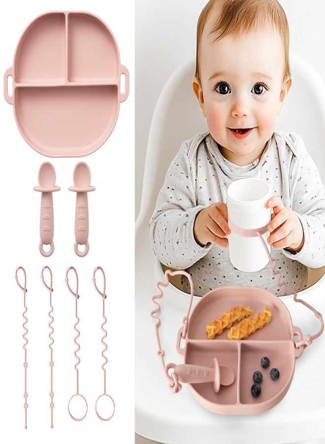 YIVEKO Baby Plates with Suction Silicone Baby Spoons Divided Baby Plates Silicone Baby Safety Toy Straps Baby Bottle Bungees Baby Feeding Set All-in-one-Blush - Image 1