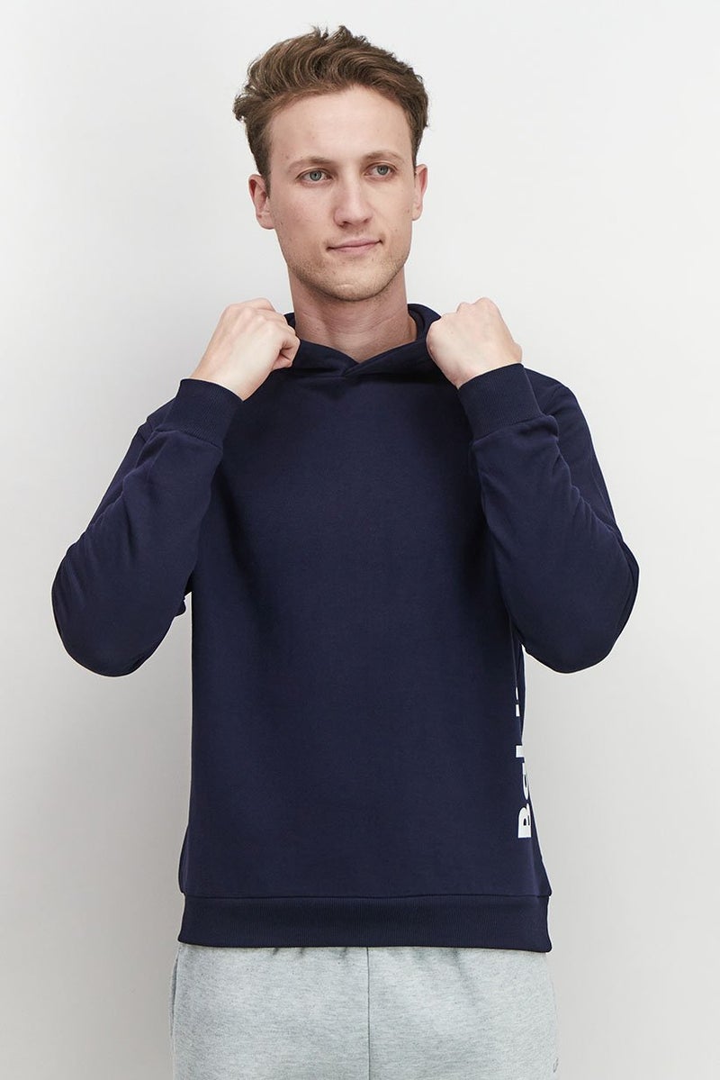 Baldinini Men Brand Logo Long Sleeve Hooded Sweatshirts, Navy Blue and White - Image 1