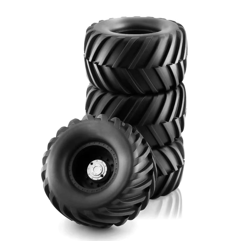 Chanmoo 110 RC Monster Truck Tires and Hard Plastic Wheels Rims 12mm Hex Rubber Buggy Off Road Tyres with Foam for 110 Scale Truck Car Traxxas VXL 2WD Hoss 4x4 HSP HPI Tamiya Kyosho 4PCS Black - Image 3