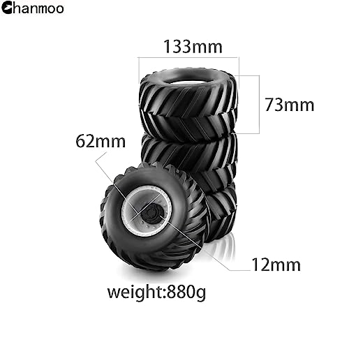 Chanmoo 110 RC Monster Truck Tires and Hard Plastic Wheels Rims 12mm Hex Rubber Buggy Off Road Tyres with Foam for 110 Scale Truck Car Traxxas VXL 2WD Hoss 4x4 HSP HPI Tamiya Kyosho 4PCS Black - Image 5