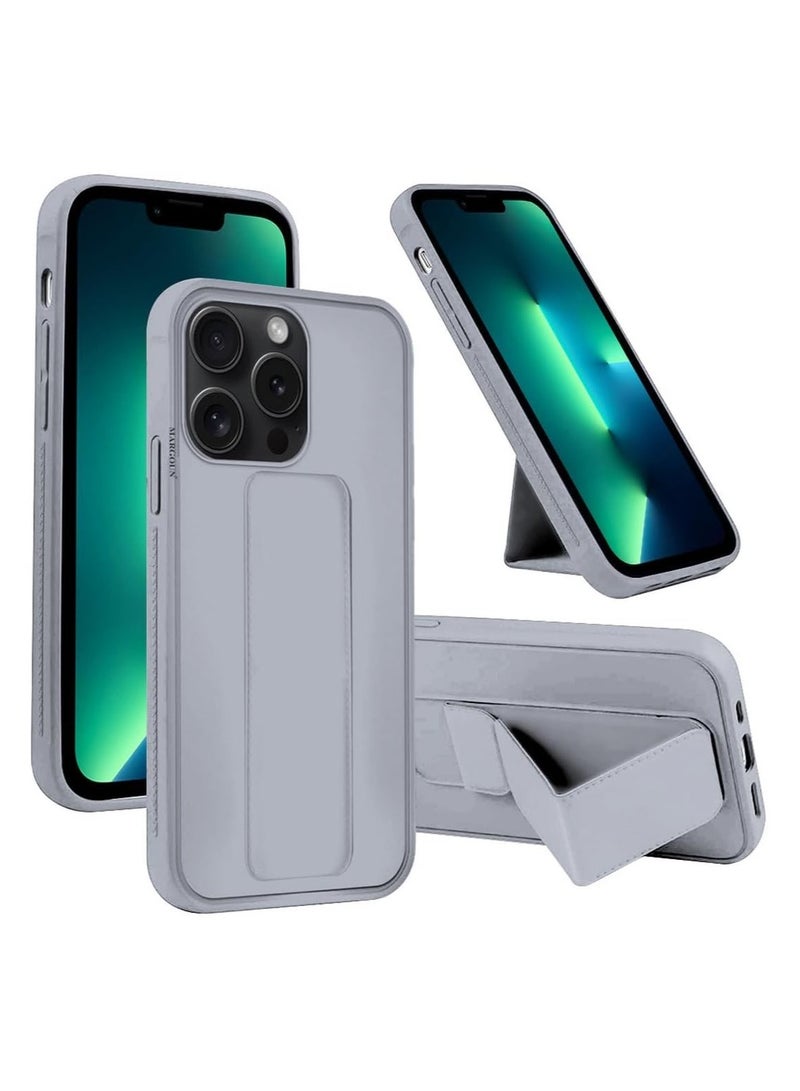 أكاليكس جراب جلدي مع قبضة لهاتف iPhone 15 Pro، حامل مغناطيسي للسيارة وحامل، حزام يد عمودي وأفقي من السيليكون الفاخر وقبضة مع حامل متعدد لهاتف iPhone 15 Pro (رمادي) - Image 1