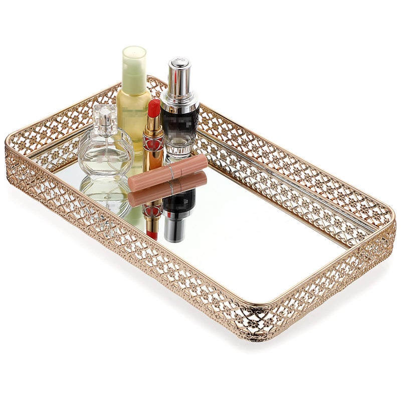 ELLDOO Gold Perfume  Makeup Vanity Tray  HollowCarved Jewelry Storage Glass  Metal Trinket Organizer for Dresser  Bathroom Countertop Large Size