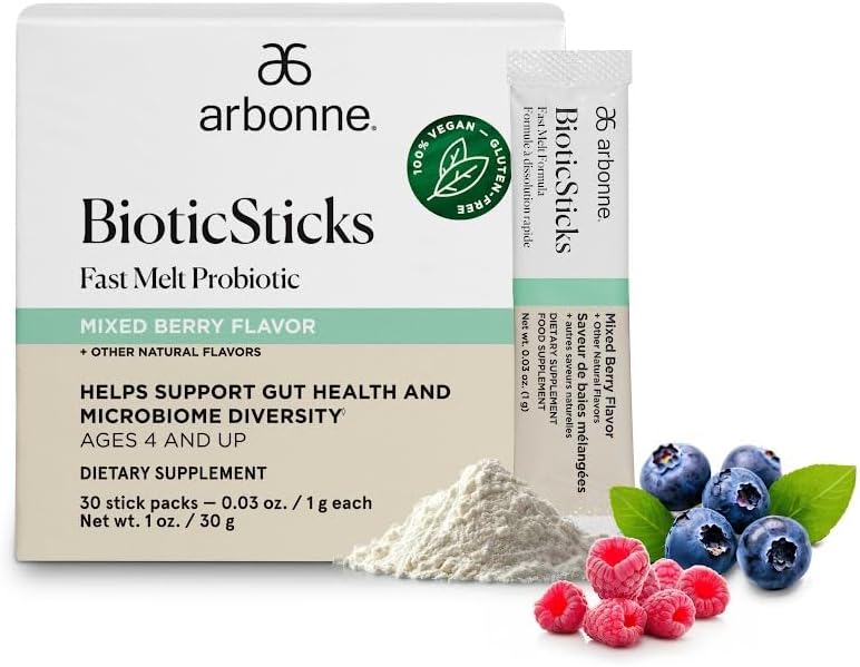 Arbonne BioticSticks Fast Melt Probiotic for Gut Health  Probiotics for Women Men and Kids  Gut Health Supplement  Vegan GlutenFree NonGMO  Mixed Berry Flavor  30 Stick Packs - Image 1