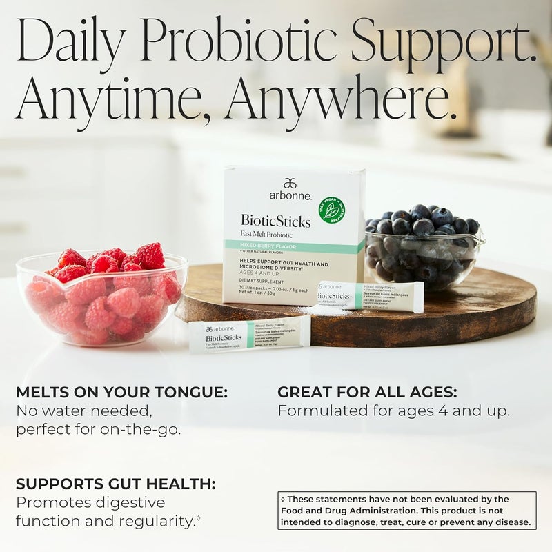 Arbonne BioticSticks Fast Melt Probiotic for Gut Health  Probiotics for Women Men and Kids  Gut Health Supplement  Vegan GlutenFree NonGMO  Mixed Berry Flavor  30 Stick Packs - Image 2