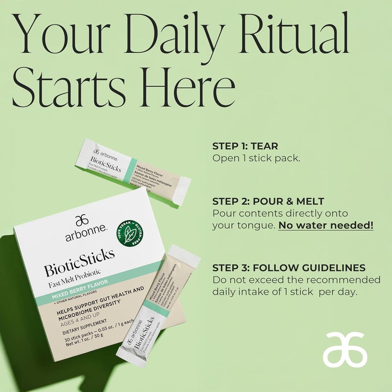 Arbonne BioticSticks Fast Melt Probiotic for Gut Health  Probiotics for Women Men and Kids  Gut Health Supplement  Vegan GlutenFree NonGMO  Mixed Berry Flavor  30 Stick Packs - Image 4