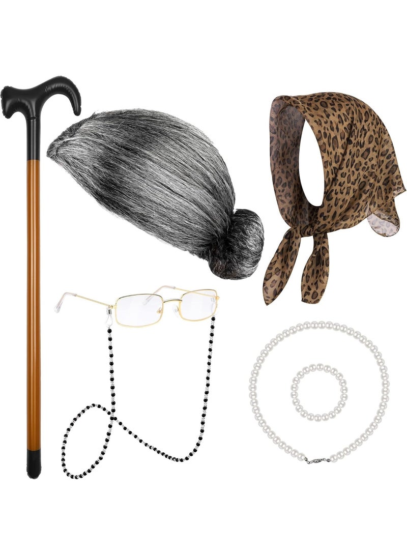 GMORO (7Pcs)100 Days of School Old Lady Wig Cosplay Set, Halloween Granny Costume Party Wigs with Glasses, Chain, Necklace, Headscarf, walking stick,Bracelet Dress Up Costume Cosplay Supplies - Image 2