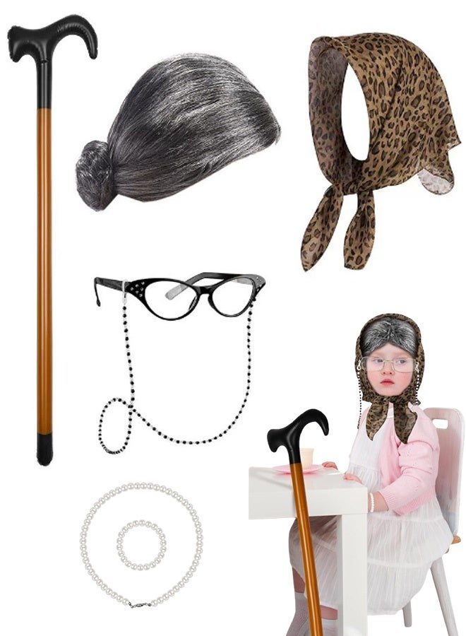 GMORO (7Pcs)100 Days of School Old Lady Wig Cosplay Set, Halloween Granny Costume Party Wigs with Glasses, Chain, Necklace, Headscarf, walking stick,Bracelet Dress Up Costume Cosplay Supplies - Image 1