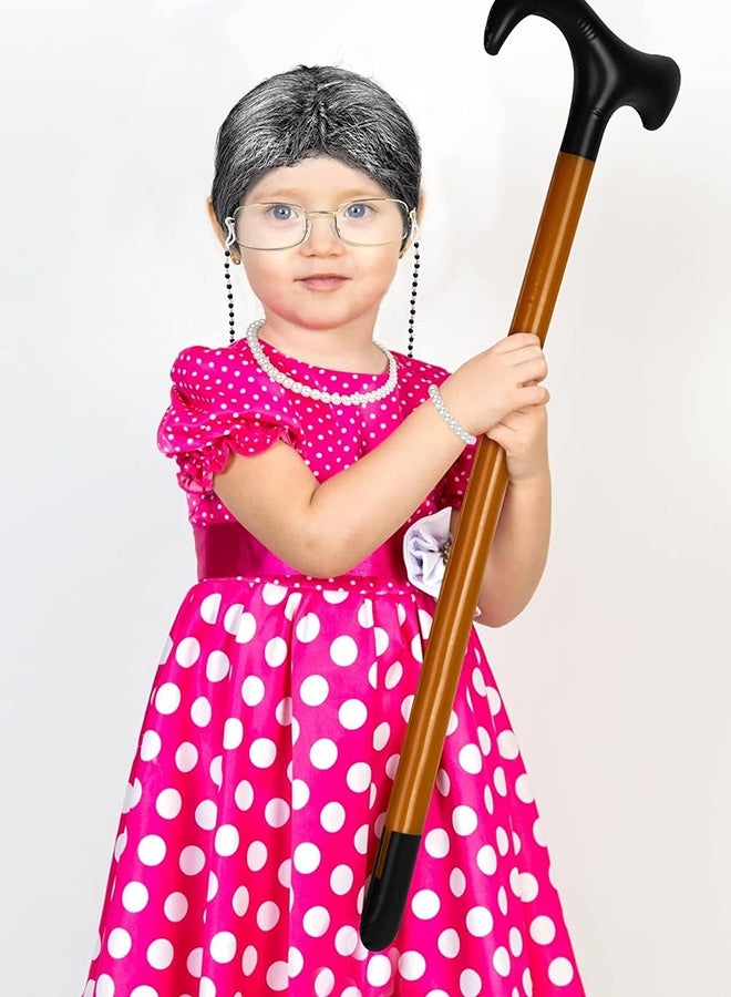 GMORO (7Pcs)100 Days of School Old Lady Wig Cosplay Set, Halloween Granny Costume Party Wigs with Glasses, Chain, Necklace, Headscarf, walking stick,Bracelet Dress Up Costume Cosplay Supplies - Image 3